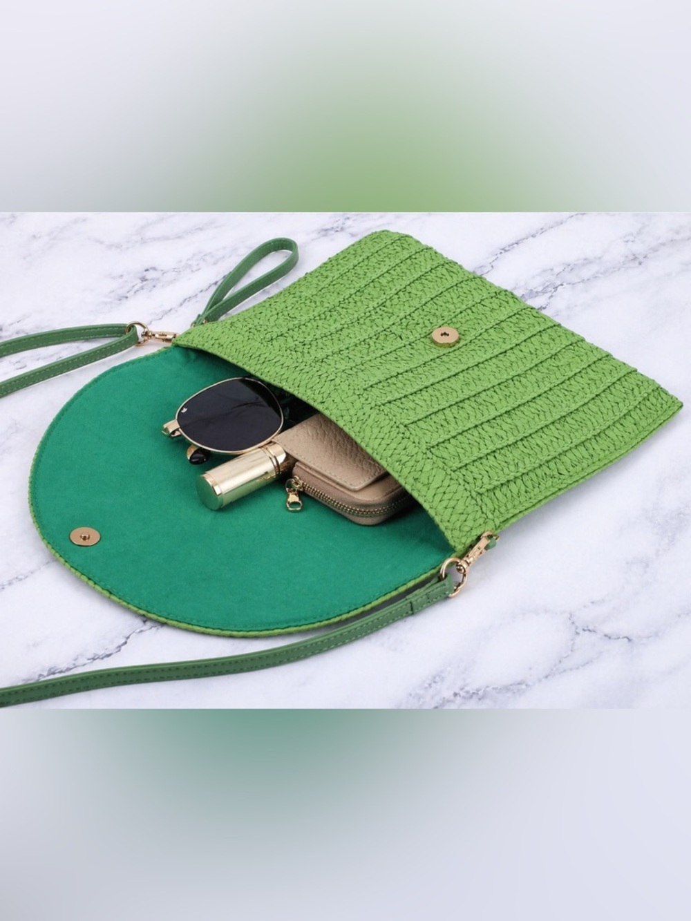 Straw Woven Crossbody Clutch, Summer Beach Bag Boho Chic Purse , green - Picture 3 of 5